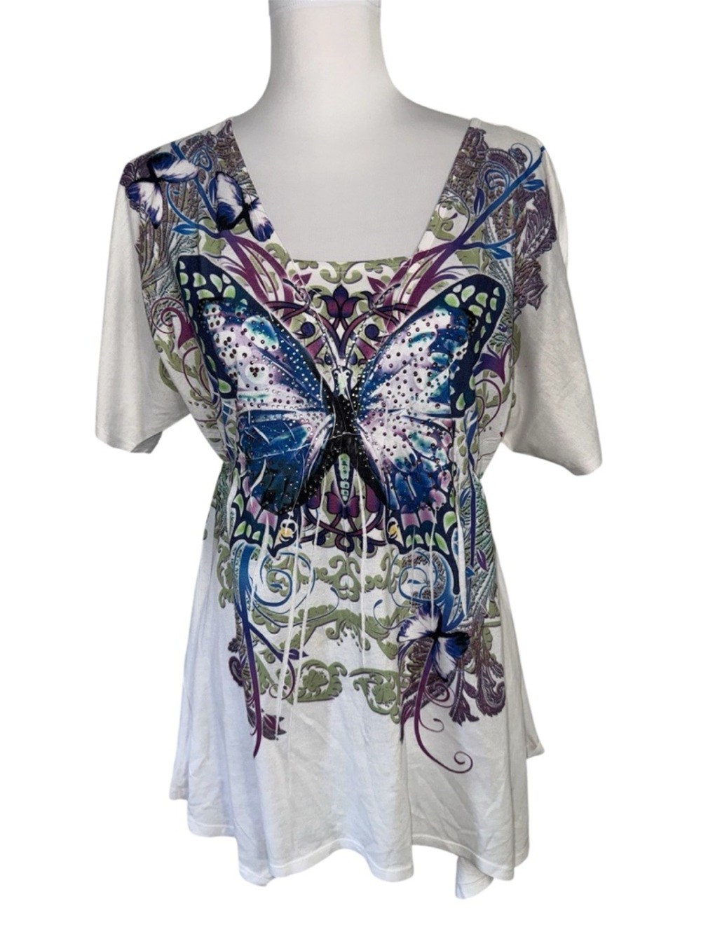 Y2K Closet Full Butterfly Rhinestone Top Boho Graphic Tee Medium Festival Fairy